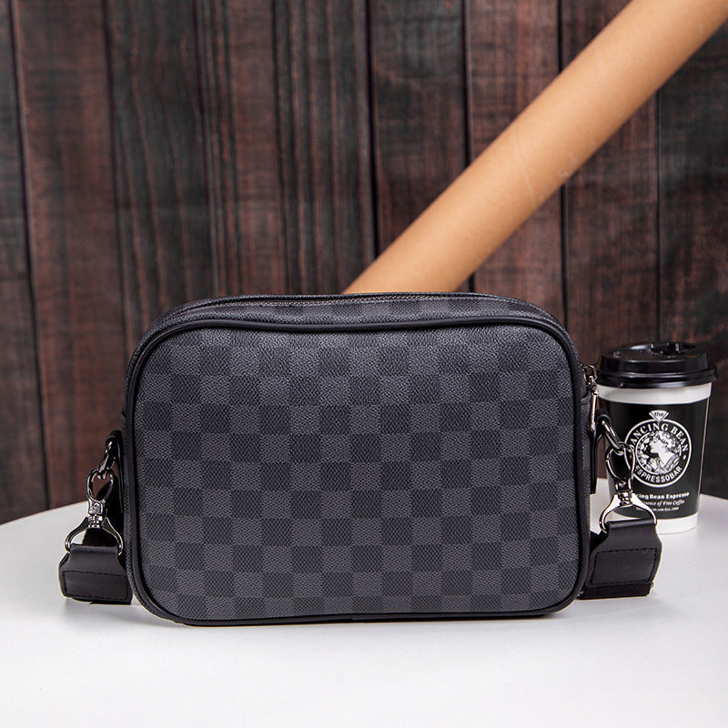 Men’s Checked Leather Crossbody Messenger Bag With Zip Compartments