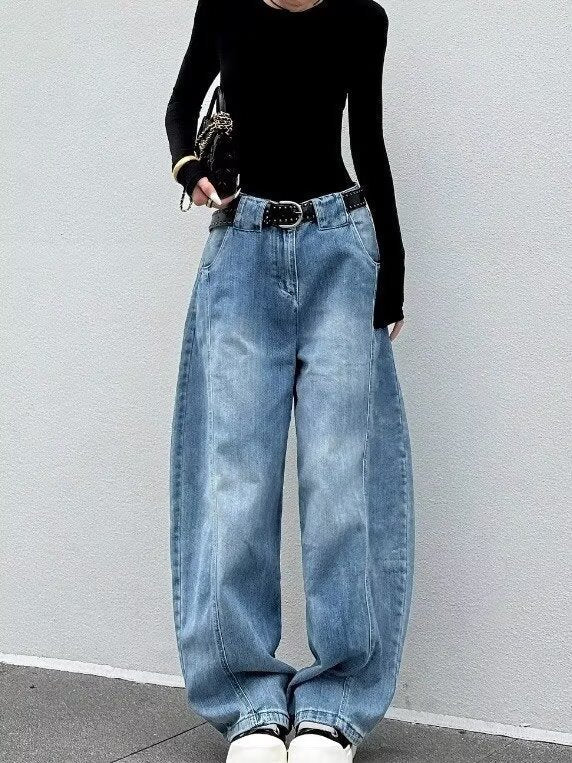 Women’s High Waist Washed Barrel Leg Denim Jeans
