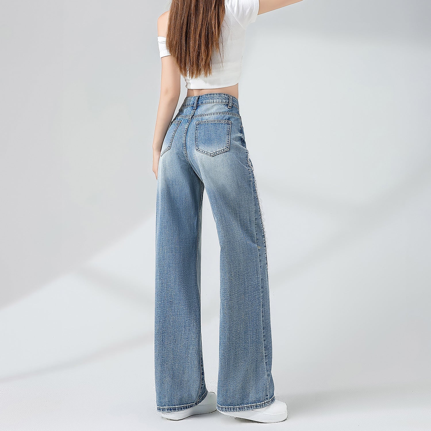 Women’s Lace Detail Wide Leg Straight Denim Jeans