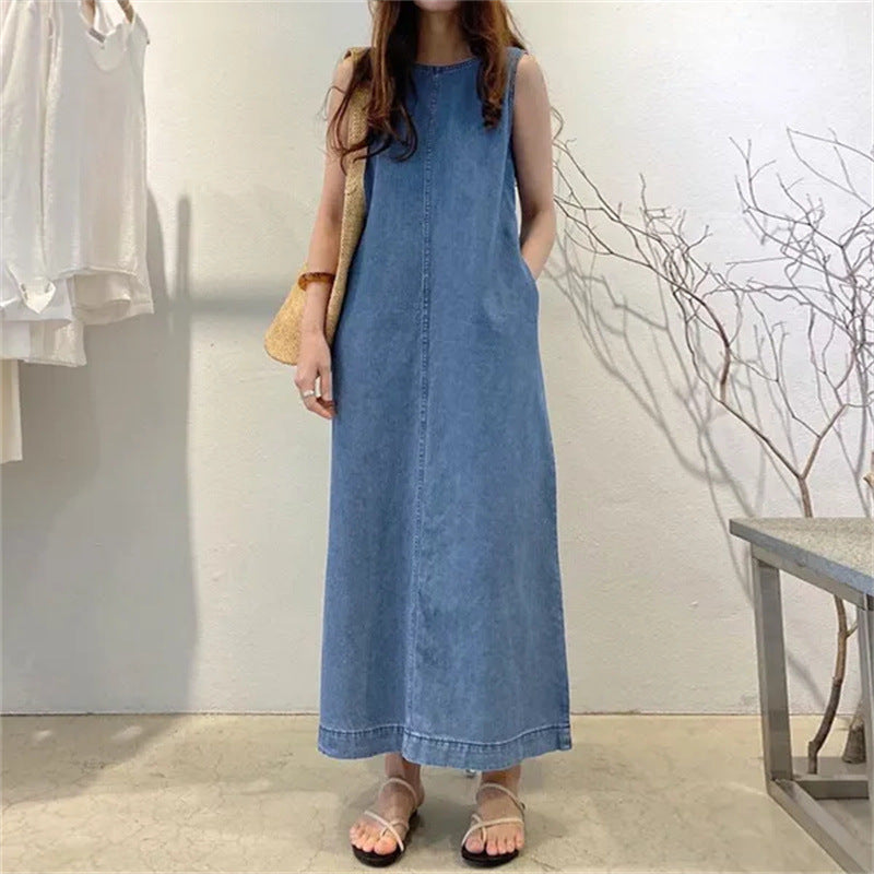 Rochie maxi casual din denim fără mâneci pentru femei