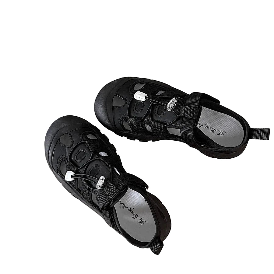 Sandales femme à bout fermé avec lacets à cordon de serrage et bride sur le cou-de-pied - Chaussures épaisses à découpes pour tenues décontractées d'été