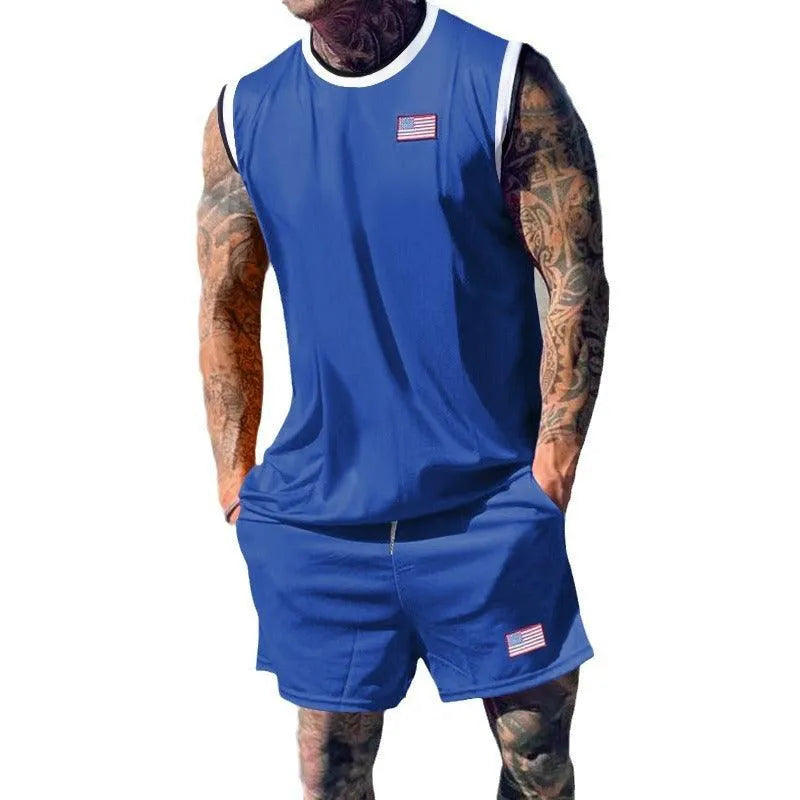 Men’s Sleeveless Two-Piece Sports Set – Contrast-Trim Tank Top with Relaxed Athletic Shorts
