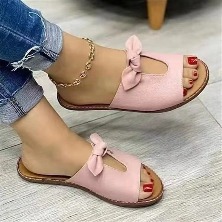 Dámské pantofle s mašlí, otevřenou špičkou, letní baleríny