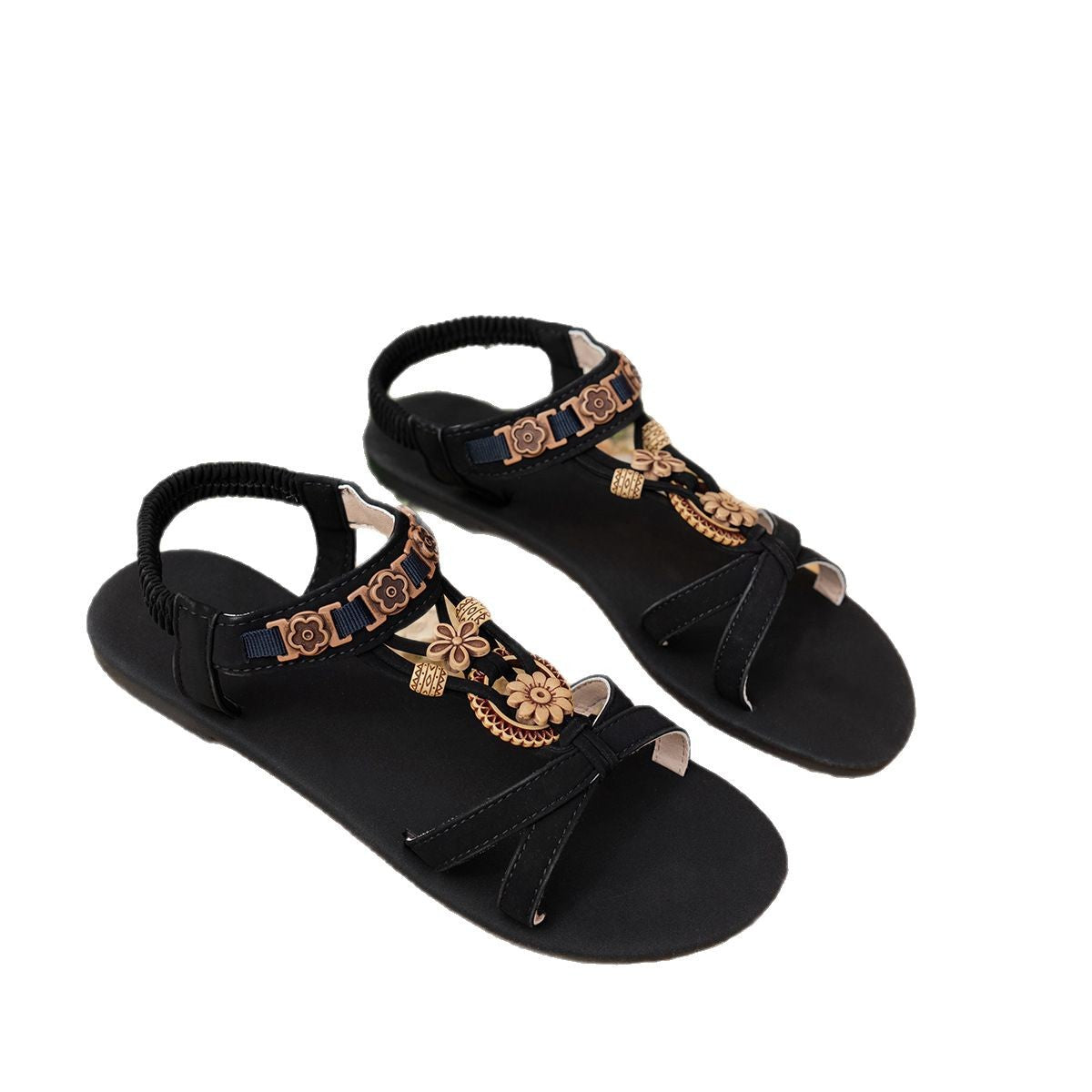 Sandalias planas de verano para mujer con tiras en T estampadas y parte trasera elástica