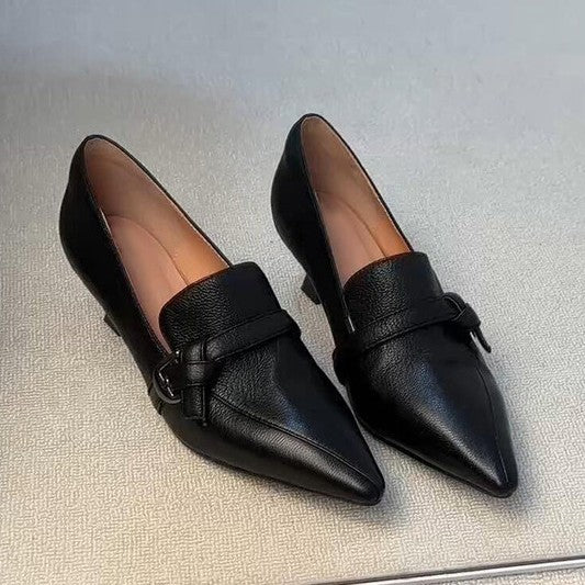 Mocasines de punta fina para mujer con tira y hebilla – Zapatos elegantes de tacón bajo para la oficina y el día a día