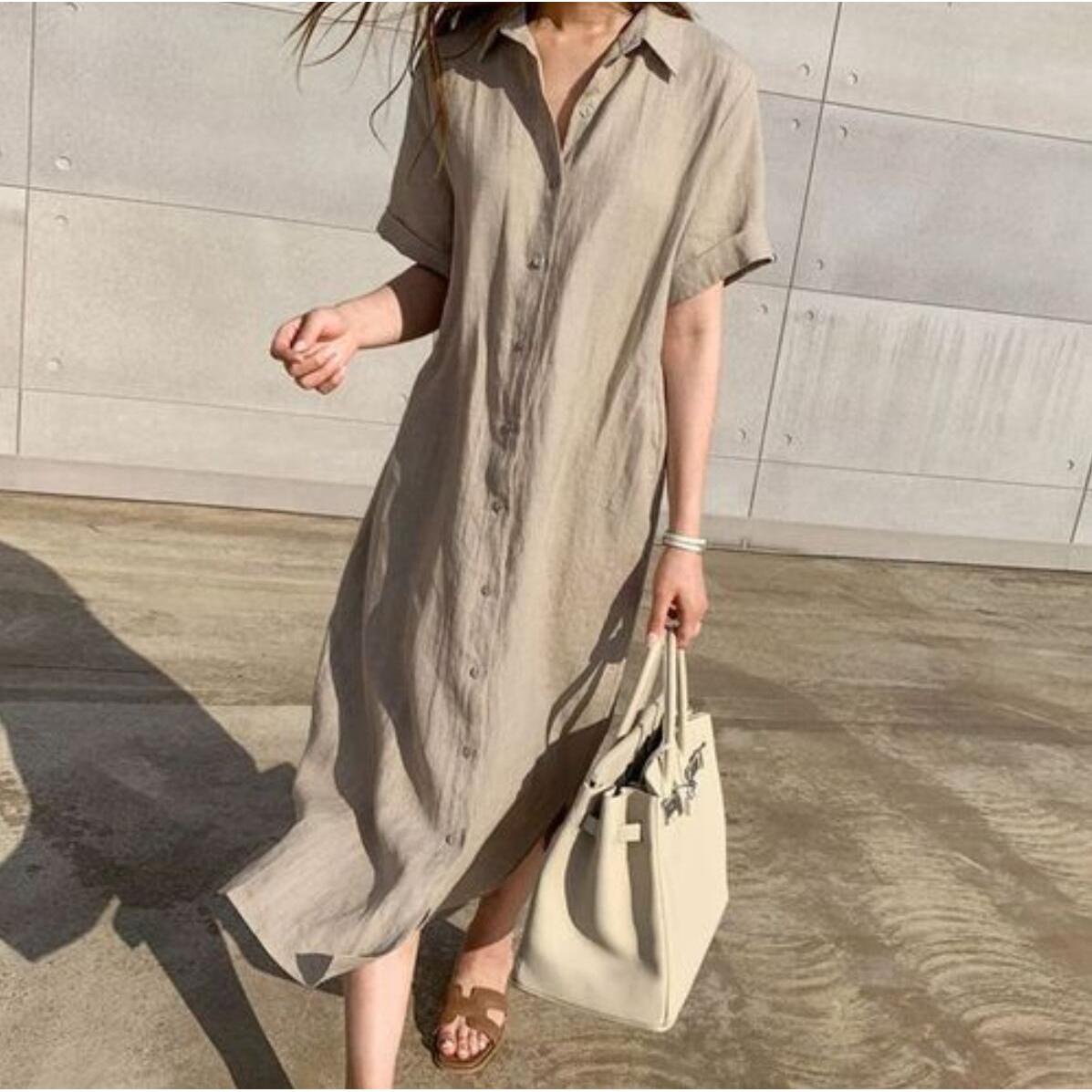 Abito camicia da donna in lino con cintura morbida in vita, stile midi
