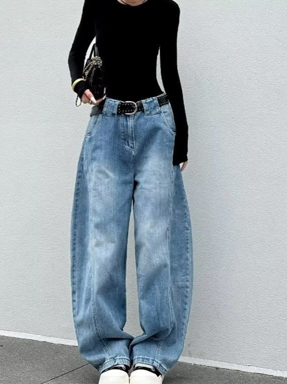 Women’s High Waist Washed Barrel Leg Denim Jeans