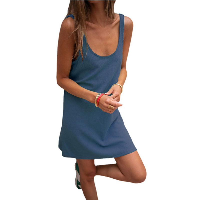 Vestito corto da donna senza maniche con scollo rotondo e vestibilità morbida - Abito casual sopra il ginocchio per l’estate e le vacanze