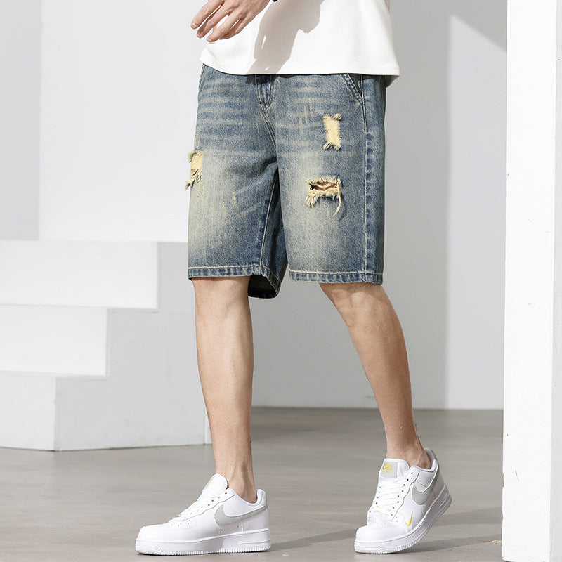 Men’s Distressed Relaxed Denim Shorts – Vintage-Wash Jeans for Casual Summer Wear