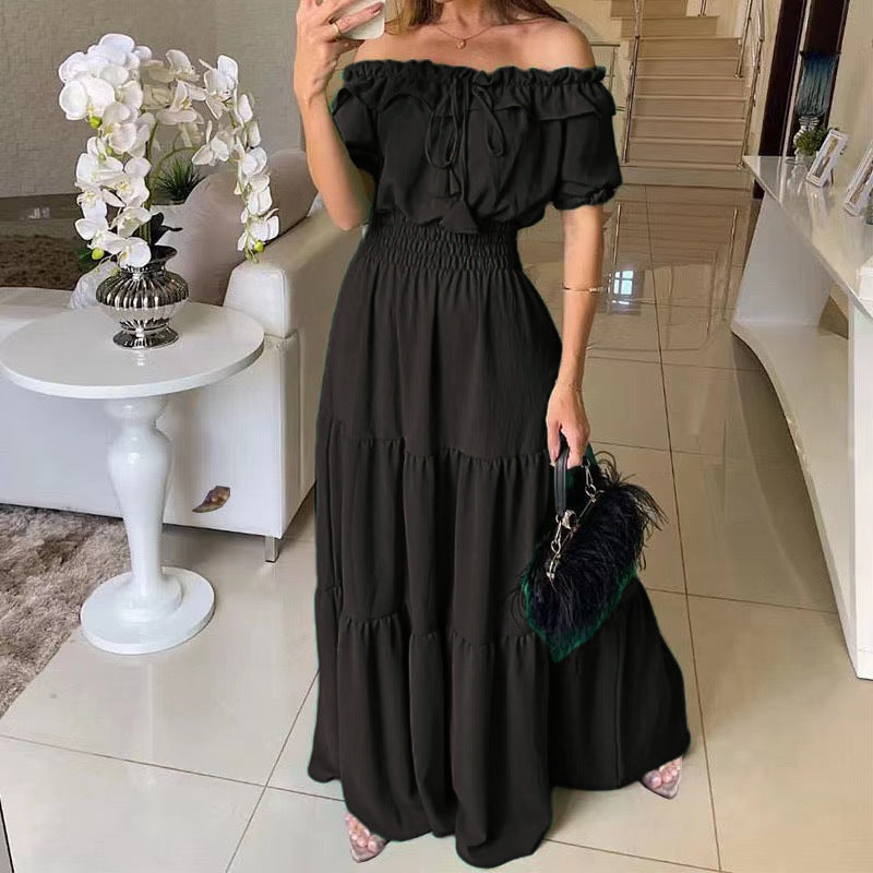 Abito maxi da donna con spalle scoperte, balze e vita arricciata – scollo con volant, modello estivo da vacanza