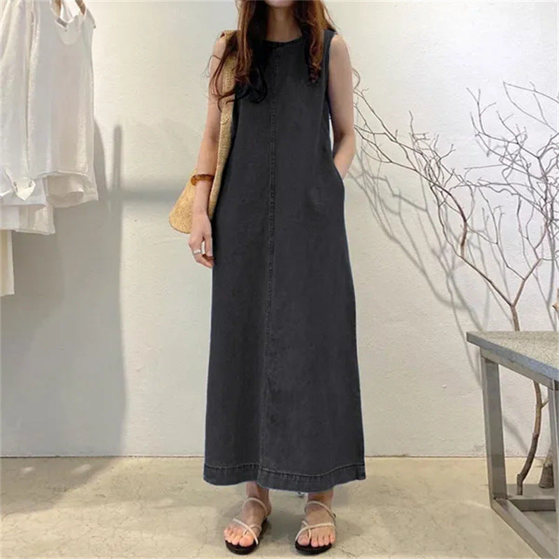 Women's Sleeveless Denim Maxi Shift Casual Lounge Dress