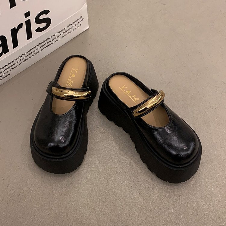 Saboti Mary Jane de damă cu platformă înaltă - pantofi închiși în față, fără șireturi, cu bareta decorativă cu cataramă, pentru ținute casual