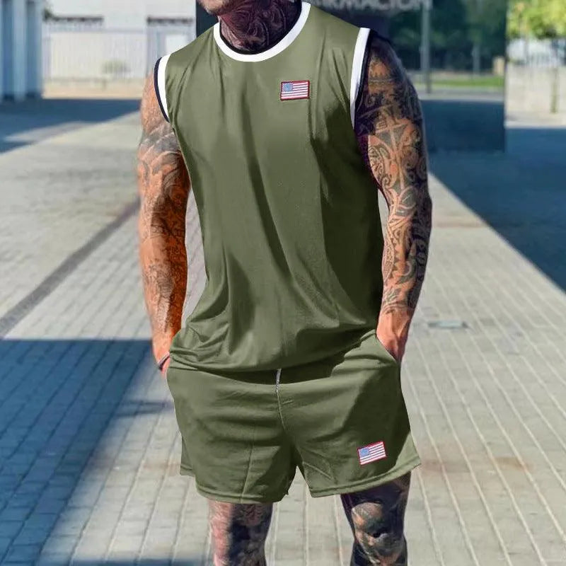 Men’s Sleeveless Two-Piece Sports Set – Contrast-Trim Tank Top with Relaxed Athletic Shorts