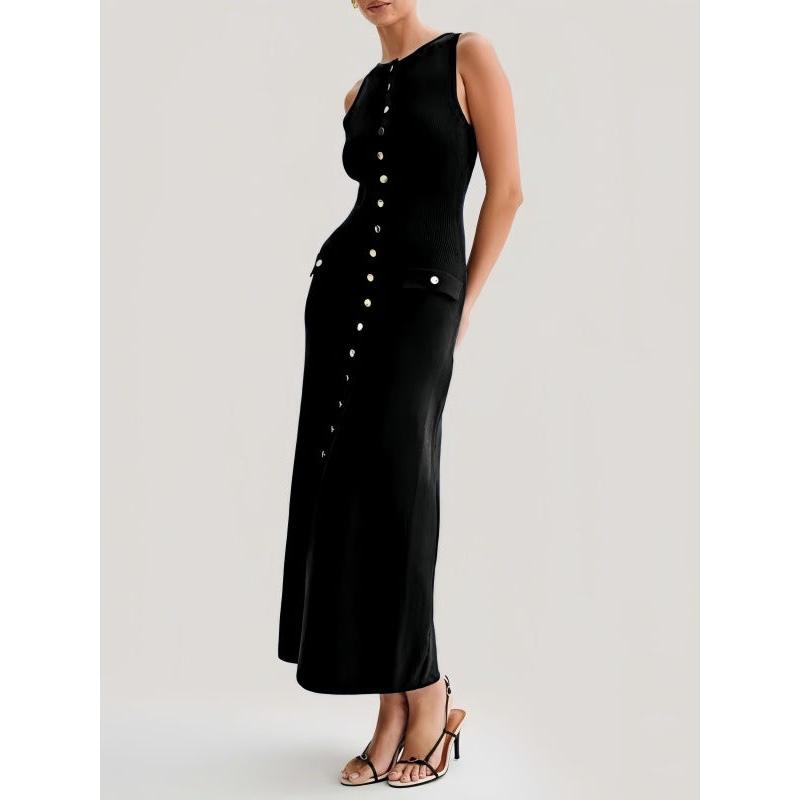 Vestido midi de punto sin mangas para mujer con botones delanteros para ocasiones especiales