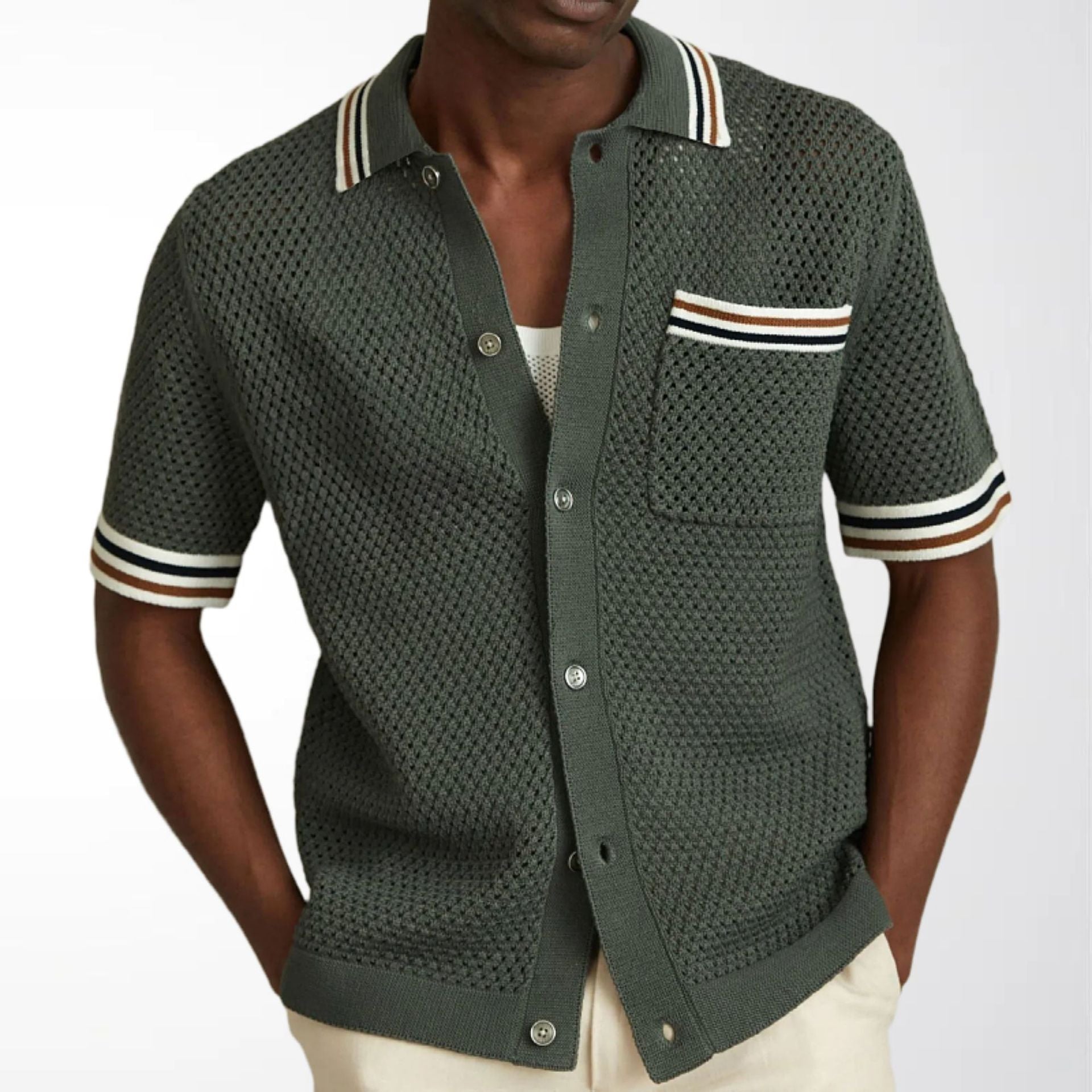 Men’s Textured Knit Polo Shirt Striped Trim Button Front