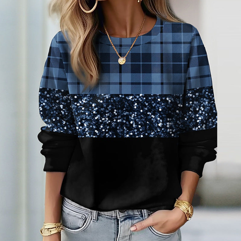 Dámská mikina s flitrovaným kostkovaným panelem – pohodlný pulovr s kulatým výstřihem a třpytivým detailem