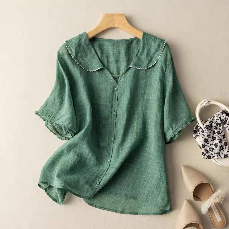 Women’s Peter Pan Collar Blouse – Short Sleeve Button-Front Top for Everyday Wear