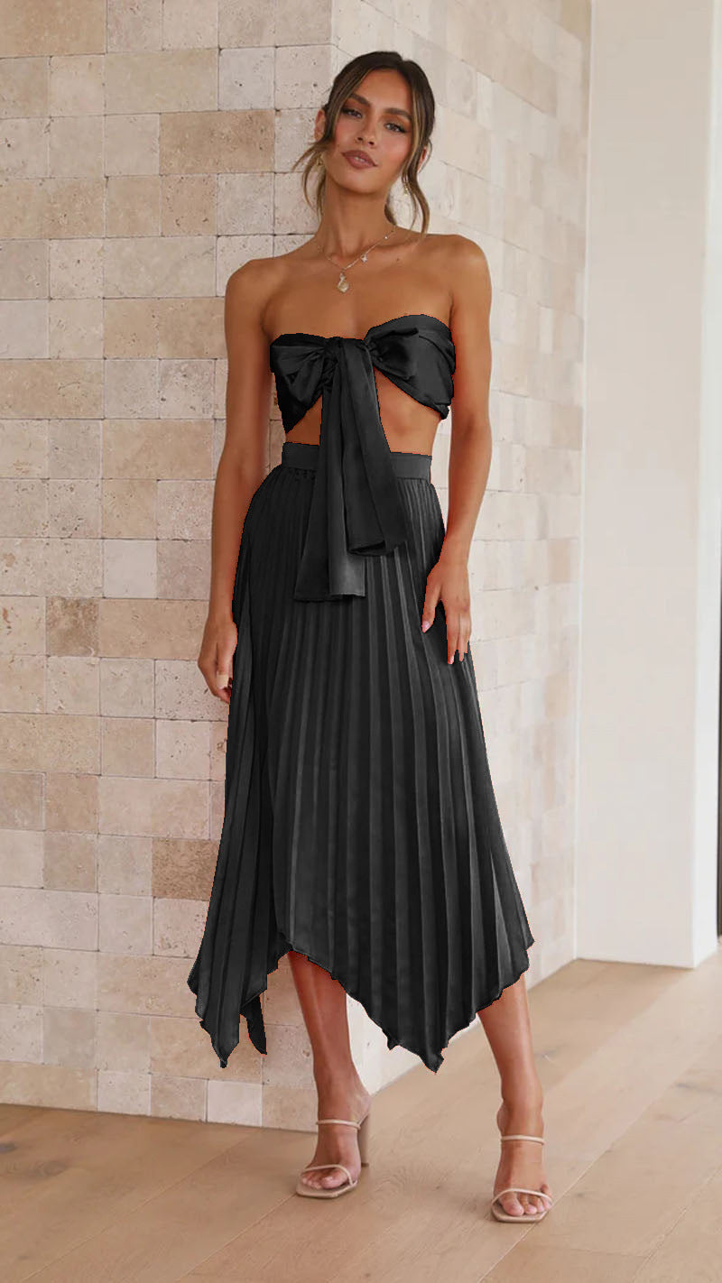 Conjunto elegante de dos piezas para mujer con falda midi plisada para vacaciones