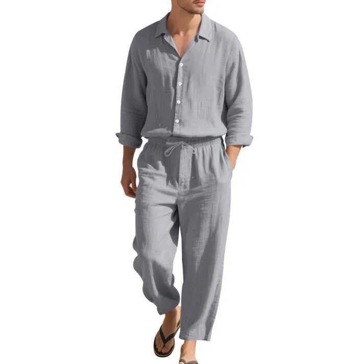 Set pentru bărbați din in, cămașă și pantaloni lejeri asortați