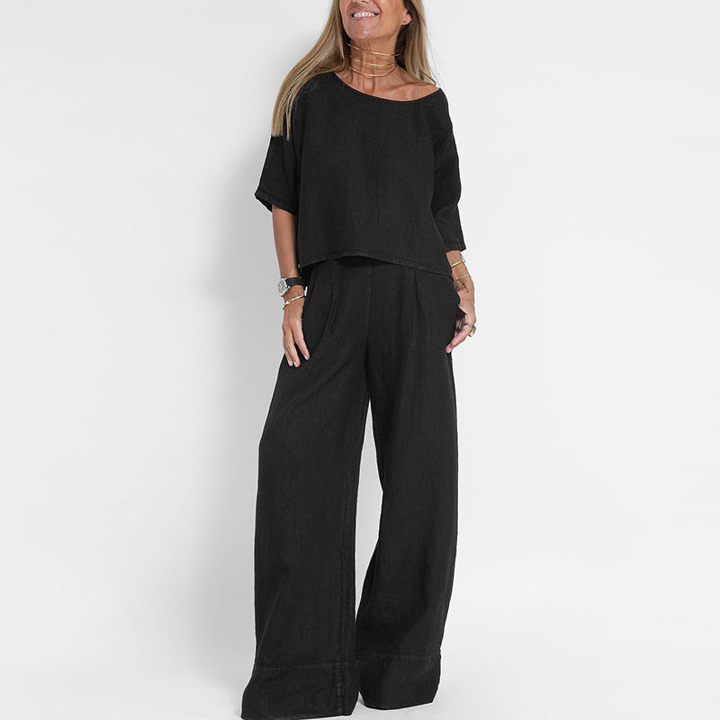 Completo pantaloni estivi a gamba larga in lino da donna