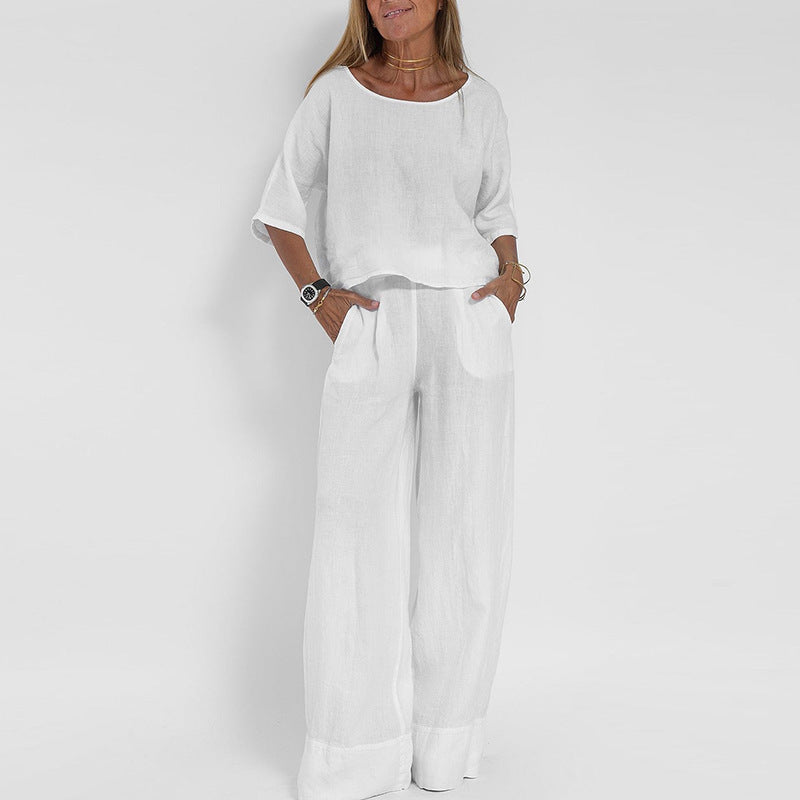 Completo pantaloni estivi a gamba larga in lino da donna