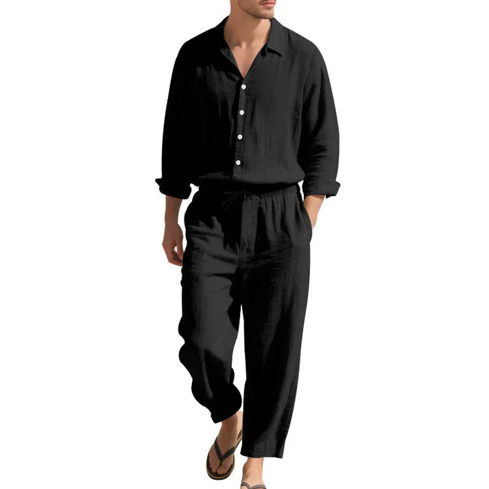 Set pentru bărbați din in, cămașă și pantaloni lejeri asortați
