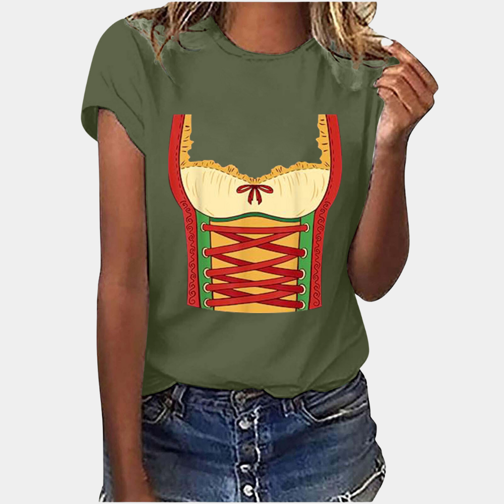Damski T-shirt z nadrukiem, okrągłym dekoltem i krótkimi rękawami – luźna, casualowa bluzka na letnie dni i weekendowe stylizacje