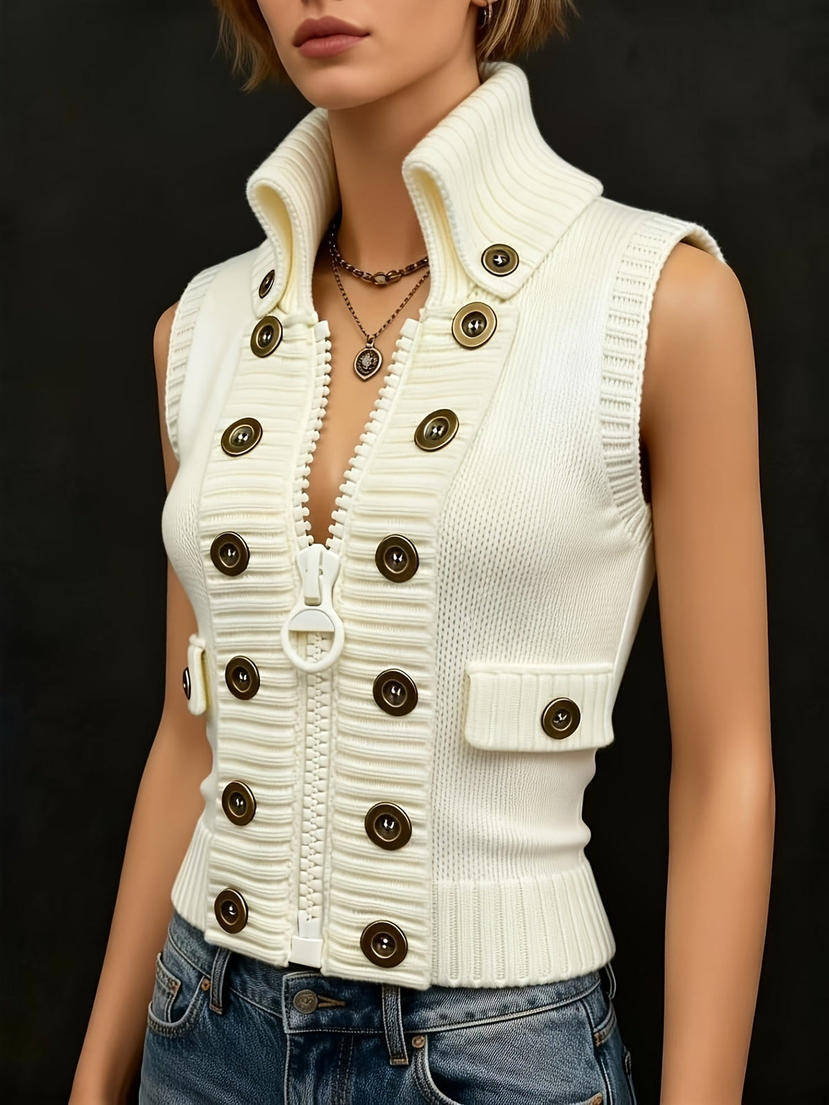 Figurbetonte Damen-Strickweste mit Stehkragen und dekorativen Knöpfen – Ärmellose Lage mit Reißverschluss vorn und Rippdetails für elegantes Casual-Styling