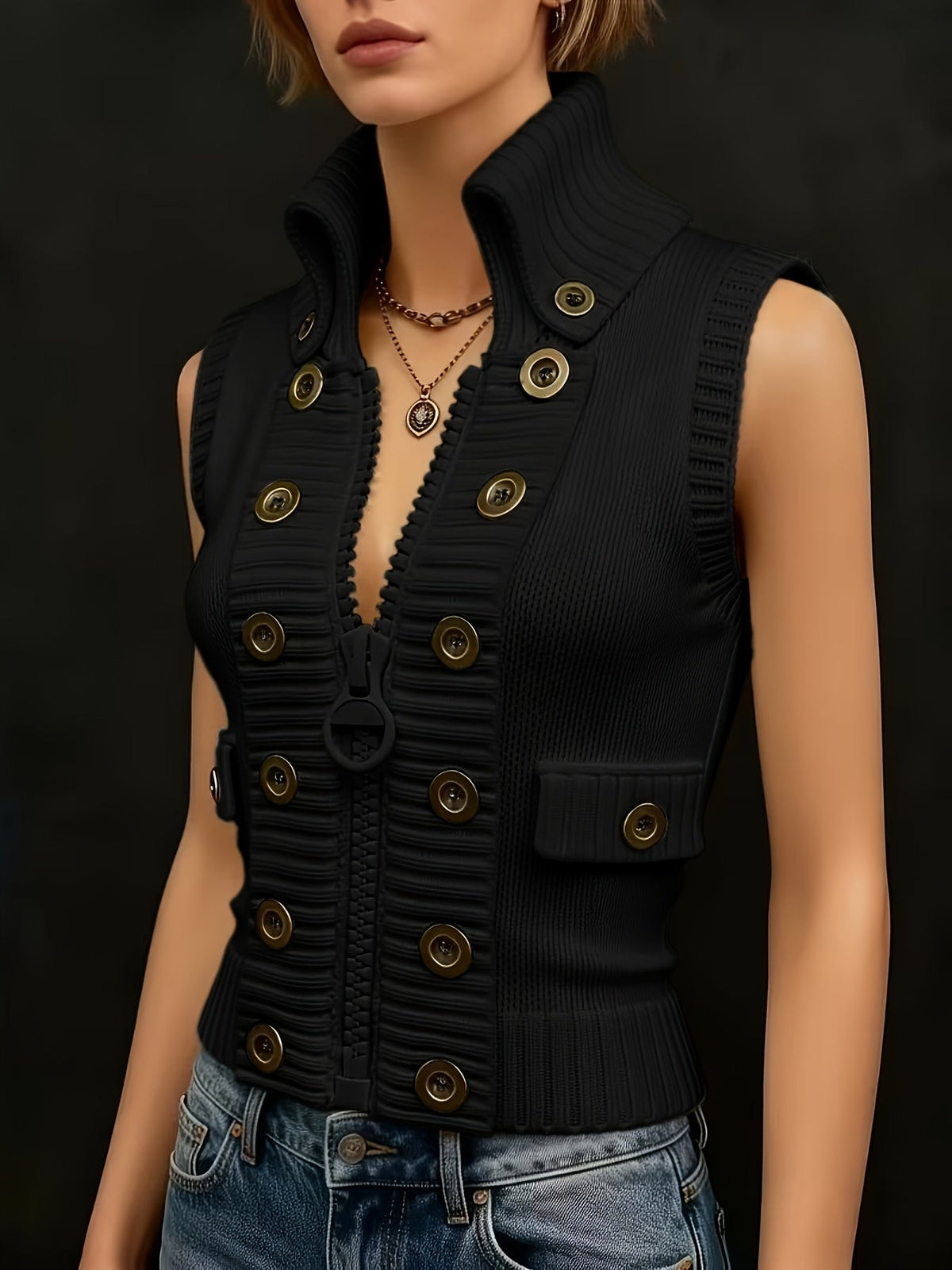 Figurbetonte Damen-Strickweste mit Stehkragen und dekorativen Knöpfen – Ärmellose Lage mit Reißverschluss vorn und Rippdetails für elegantes Casual-Styling