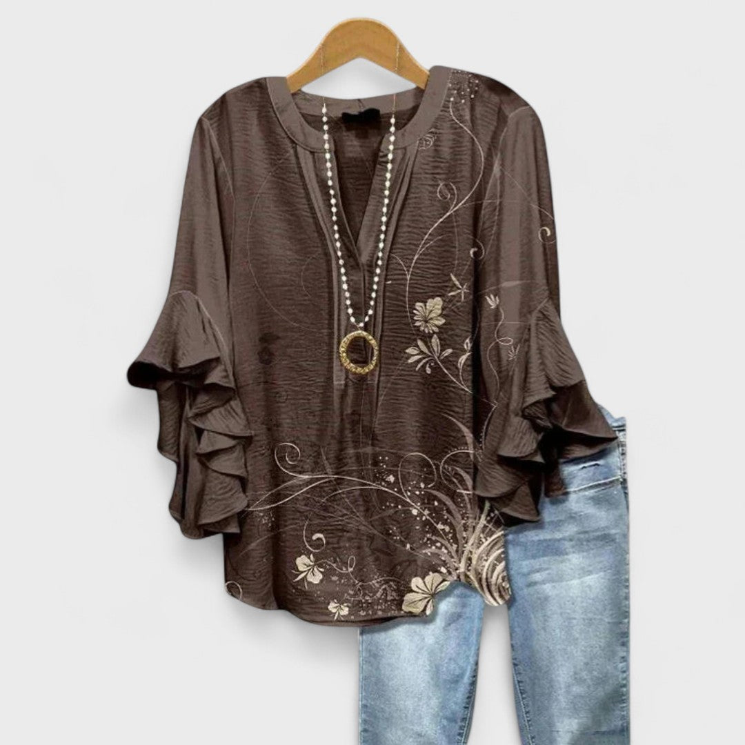 Women’s Printed Ruffle Sleeve V Neck Casual Blouse