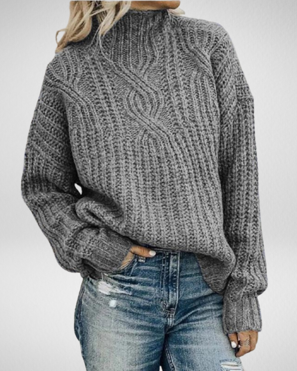 Women's Elegant Chunky Cable Knit High Neck Sweater with Textured Ribbed Stitching and Relaxed Fit – Soft Acrylic Cotton Blend Long Sleeve Pullover for Cosy Autumn and Winter Smart Casual Everyday Wear