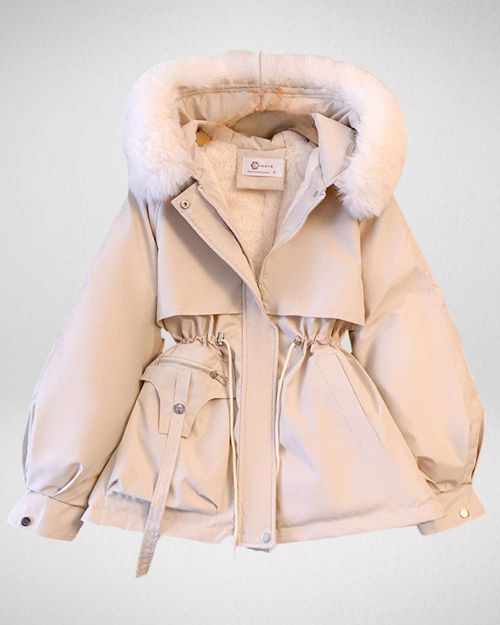 Women's Warm Padded Winter Parka Jacket with Detachable Fur-Trimmed Collar and Adjustable Waist Belt – Elegant Mid-Length Insulated Outerwear for Casual Autumn Winter Wear and Everyday Cold Weather Styling