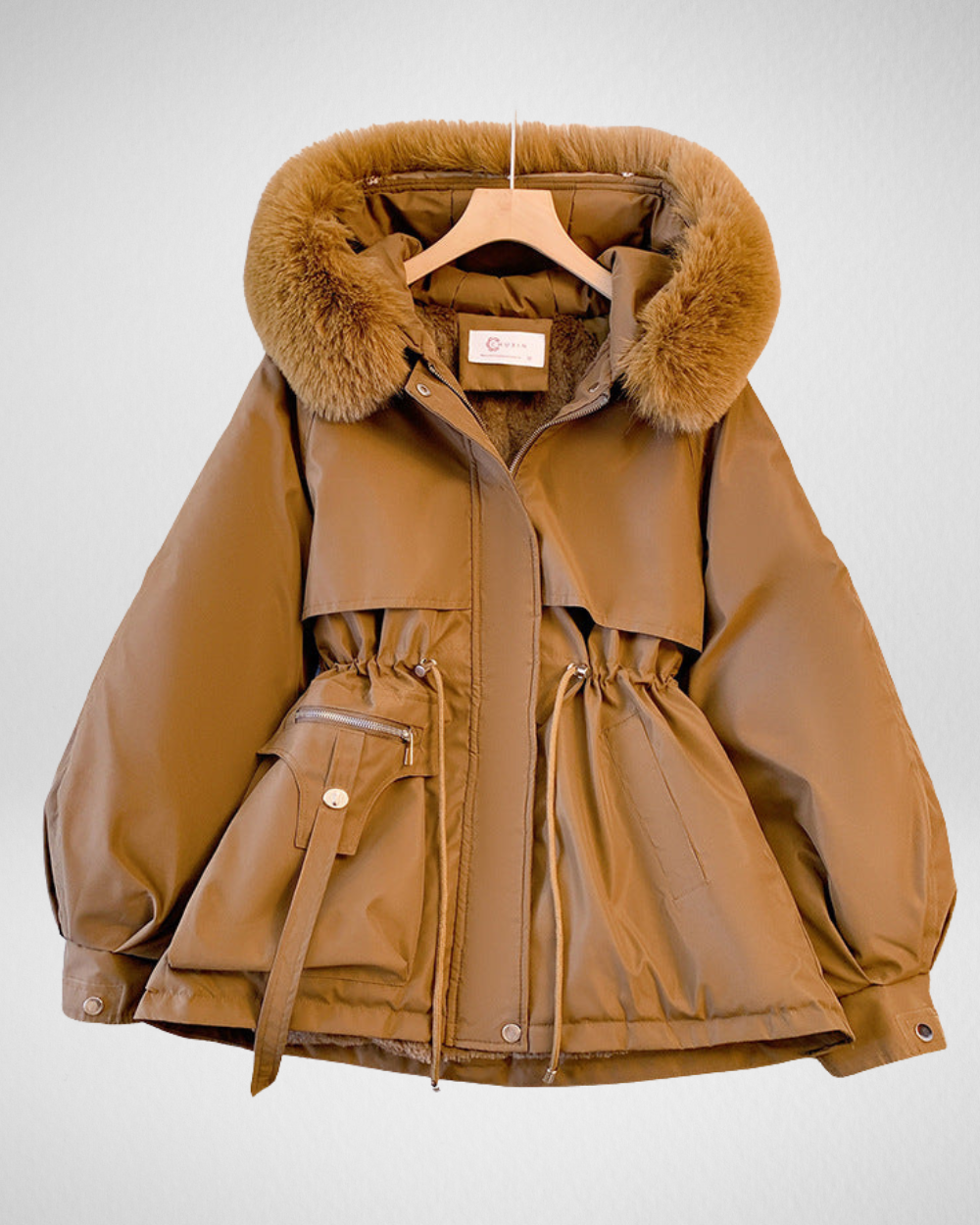 Women's Warm Padded Winter Parka Jacket with Detachable Fur-Trimmed Collar and Adjustable Waist Belt – Elegant Mid-Length Insulated Outerwear for Casual Autumn Winter Wear and Everyday Cold Weather Styling