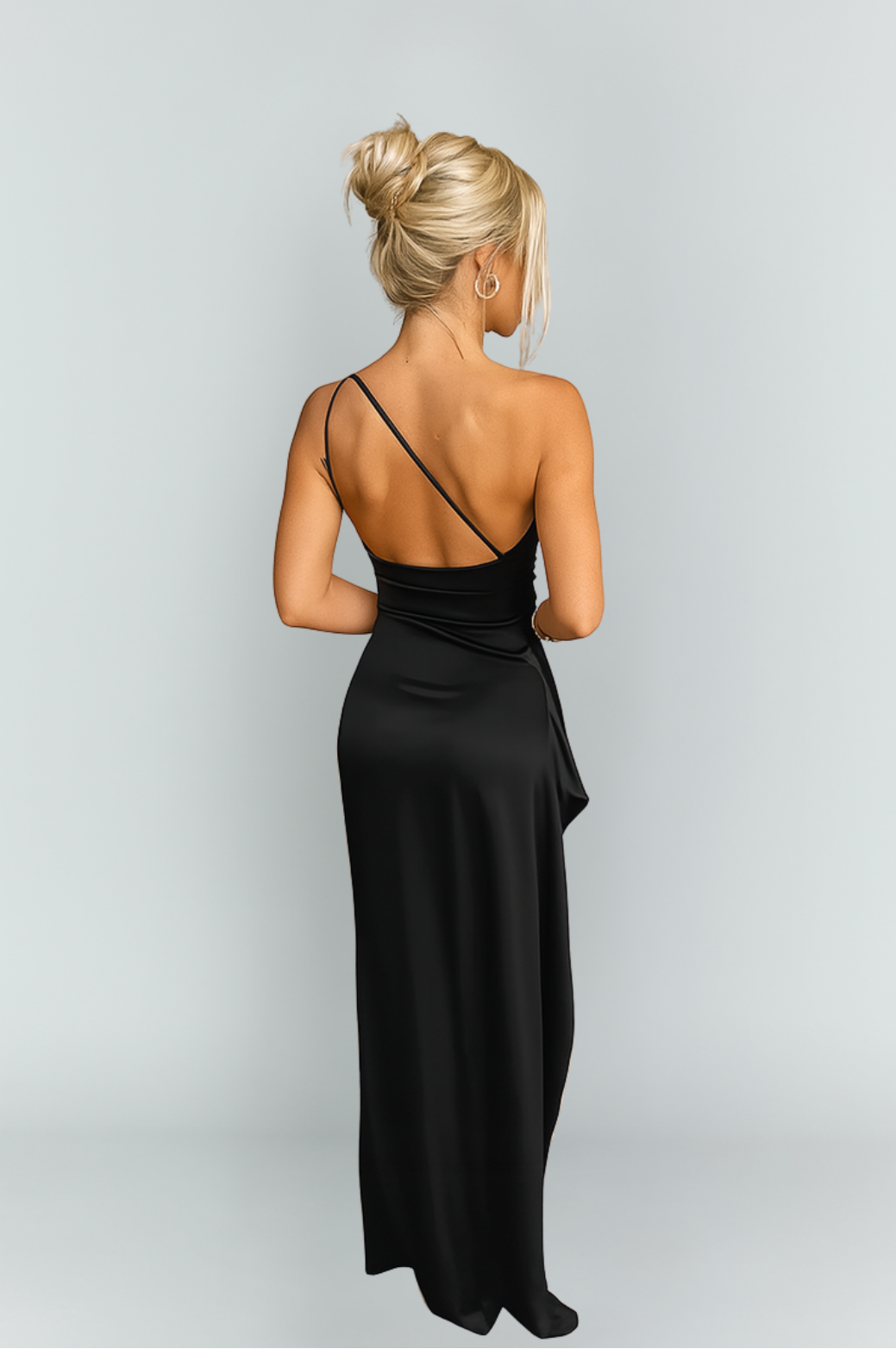 Abito lungo da donna in raso con una spalla, elegante, con spacco, formale, aderente e fluente