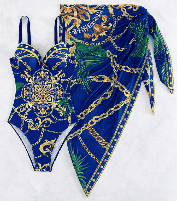 Damesbadpak met print en sweetheart-halslijn, met bijpassende sarong – tweedelige strandkledingset voor zomervakanties