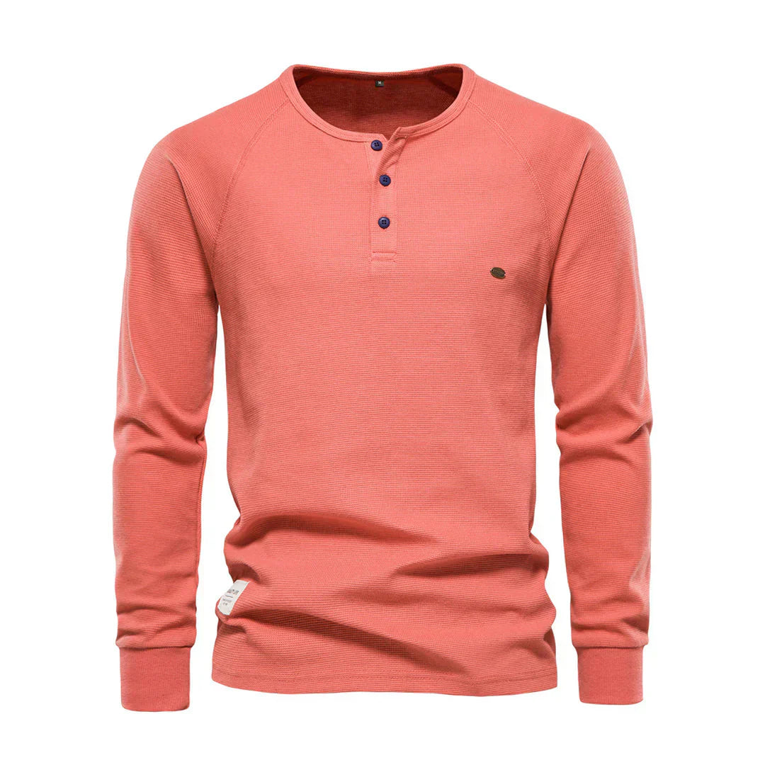 Camiseta Henley para hombre, manga larga, cuello con botones, casual