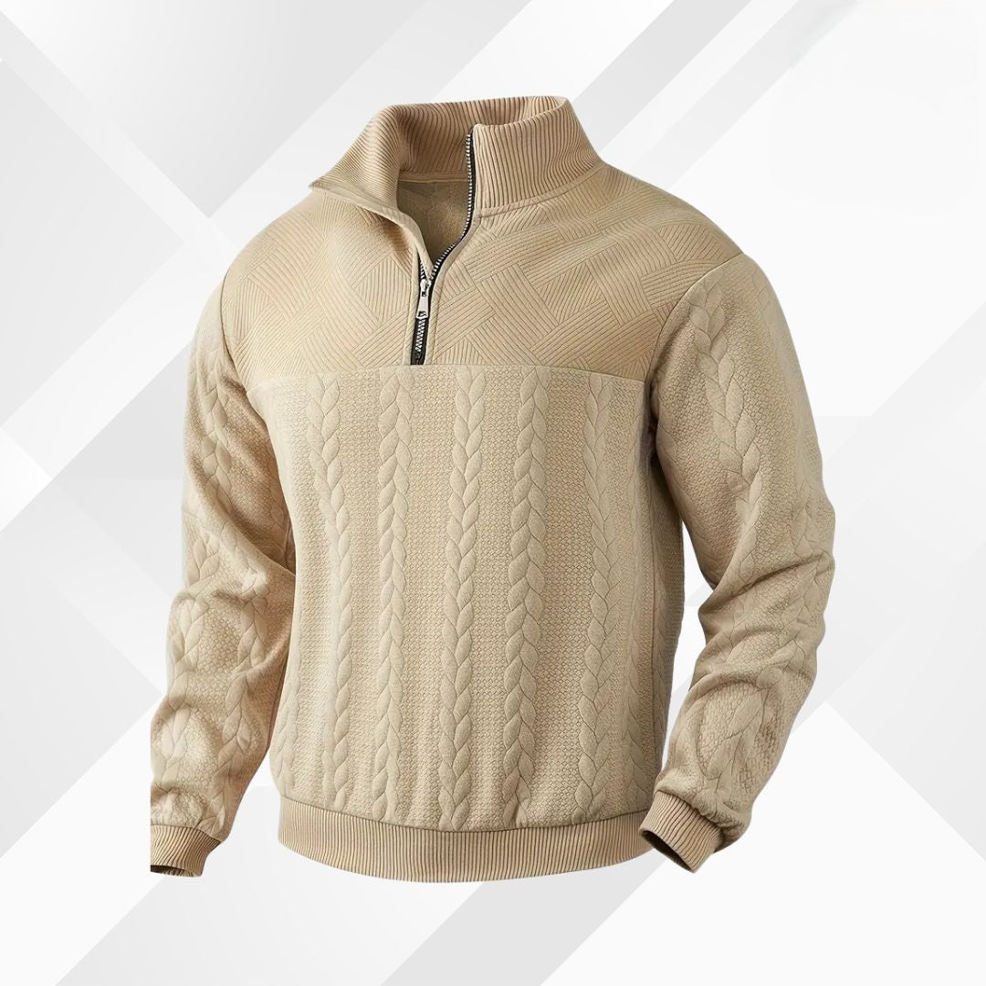 Herresweater med kabelstrik og halv lynlås samt tekstureret skulderstykke