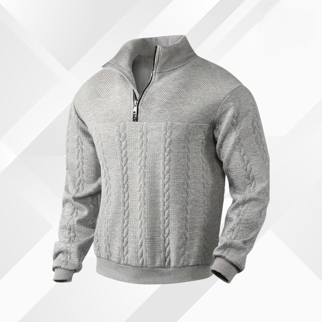 Herresweater med kabelstrik og halv lynlås samt tekstureret skulderstykke