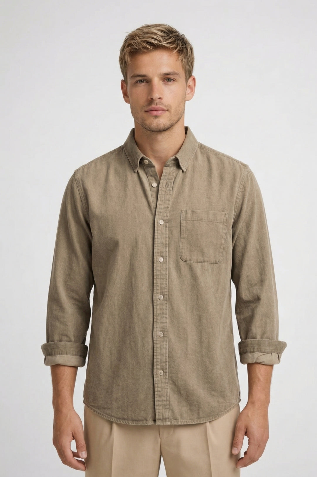 Men’s Textured Shirt Rolled Sleeve Chest Pocket Casual Top