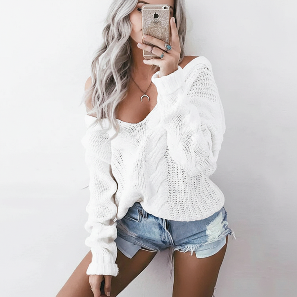 Suéter femenino oversize calado con textura de cable y cuello ancho