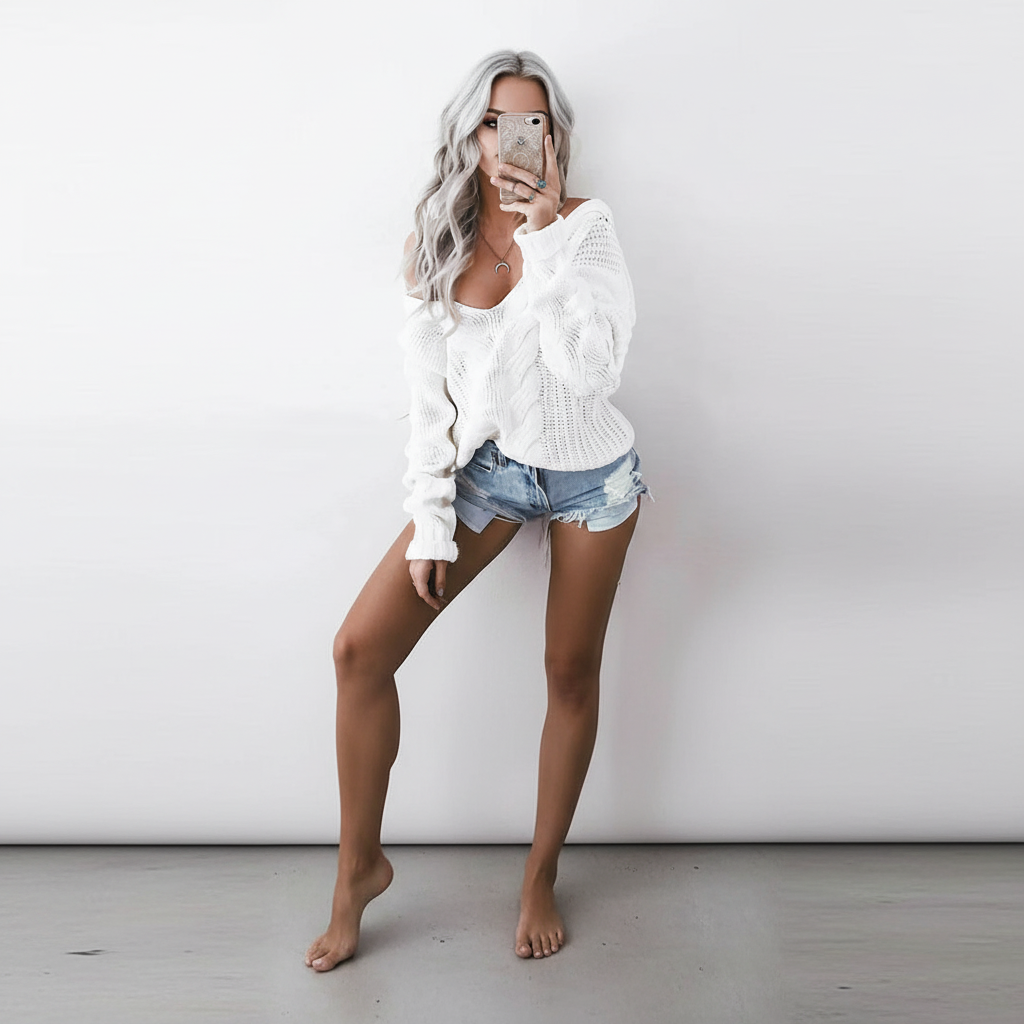 Suéter femenino oversize calado con textura de cable y cuello ancho