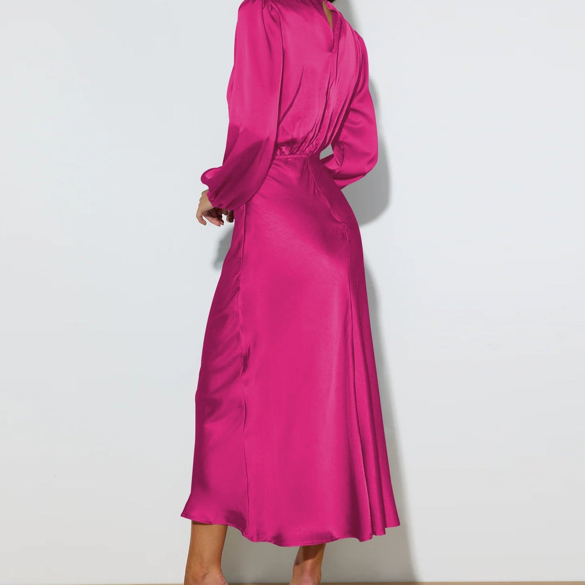 Women’s Satin High Neck Midi Dress Long Sleeve