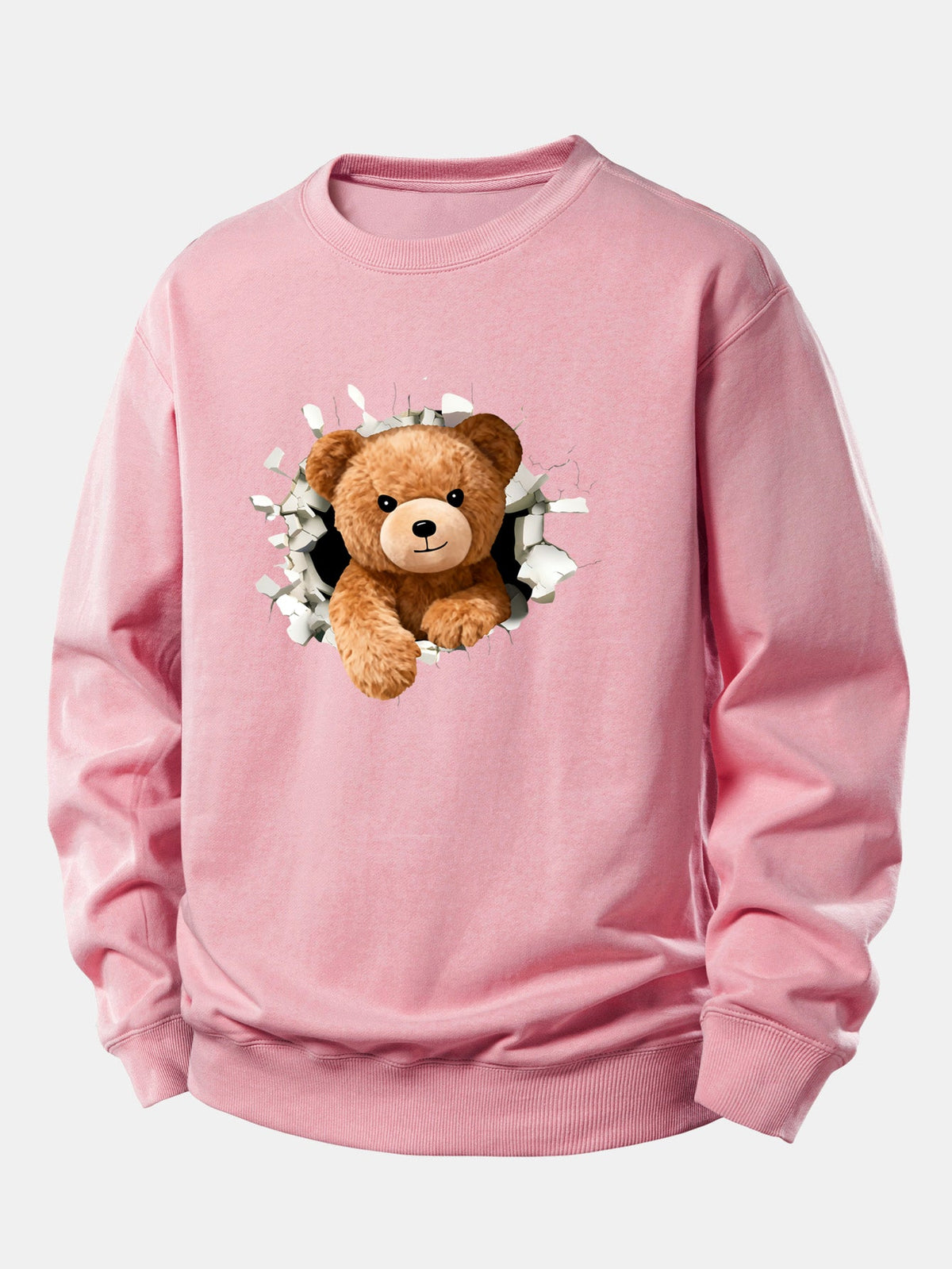 Sweatshirt til mænd med bamse, der bryder gennem en mur – afslappet pasform, bomuldsblanding, rund hals og legende grafik til afslappet streetwear