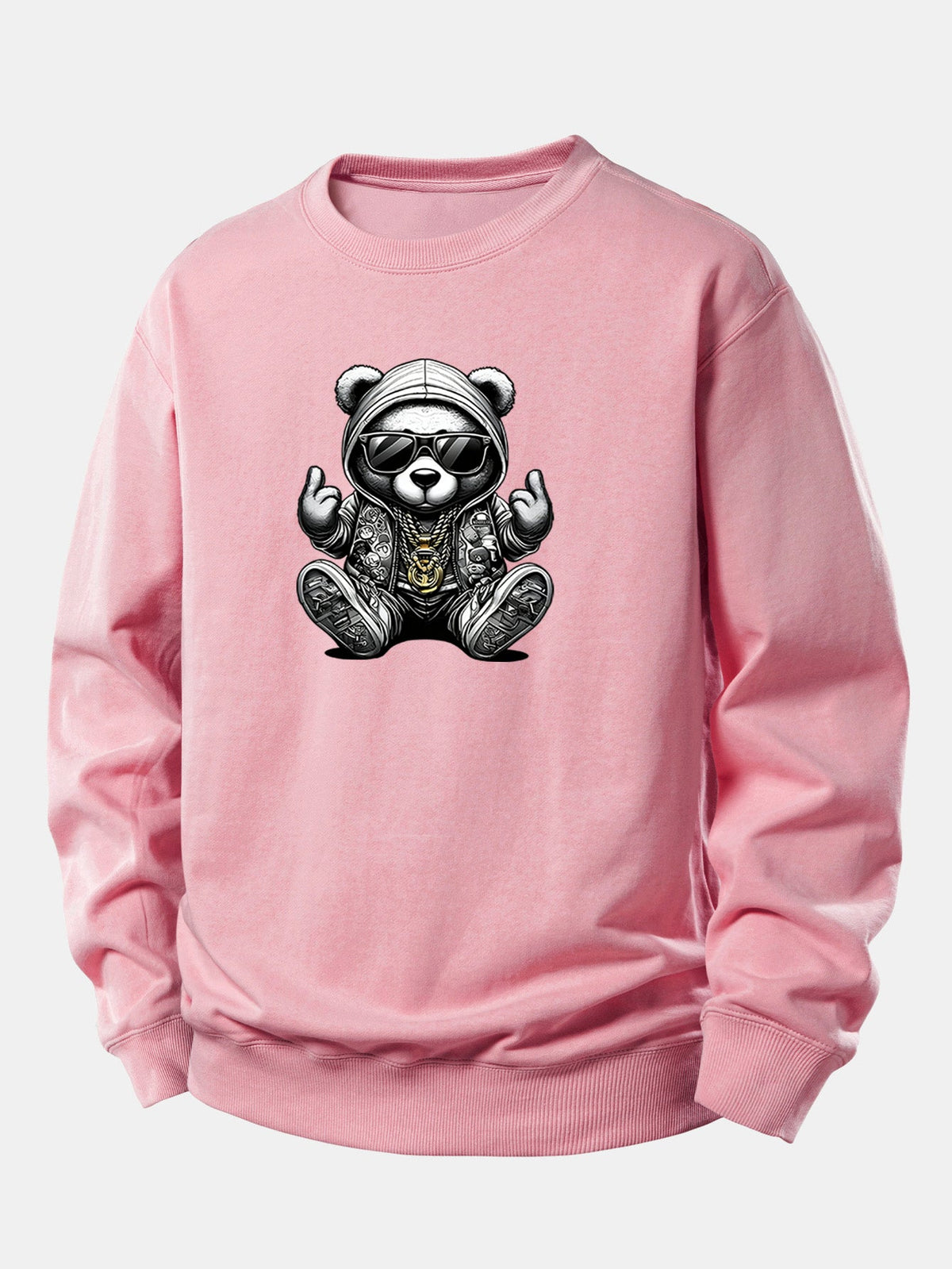 Męska bluza hip-hopowa z misiem – luźny krój, mieszanka bawełny, kaptur z nadrukiem misia, miejski styl streetwear