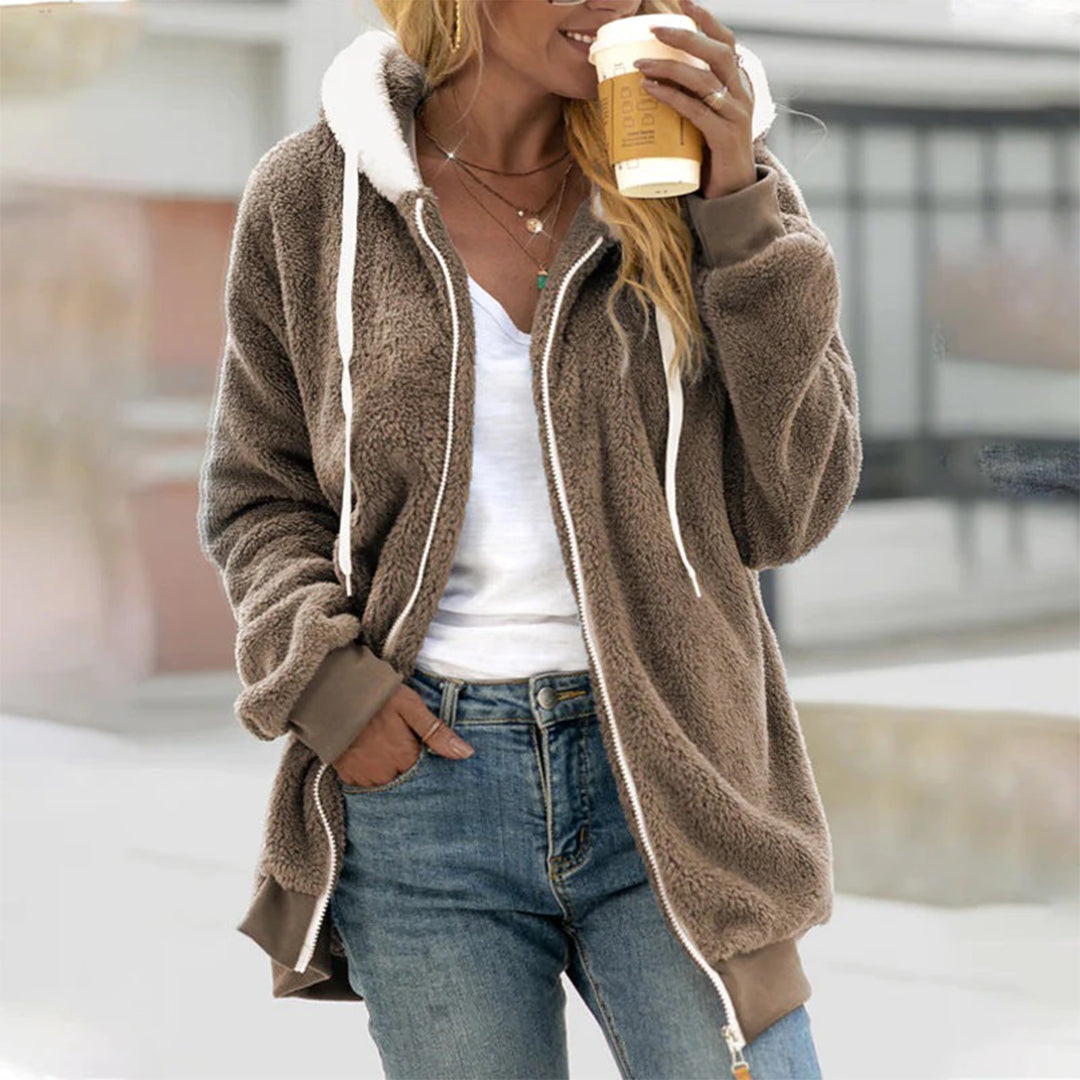 Hanorac lung din fleece pentru femei, cu fermoar și căptușeală contrastantă la glugă - strat de iarnă cu croială lejeră, șnururi și manșete striate, pentru ținute casual de zi cu zi