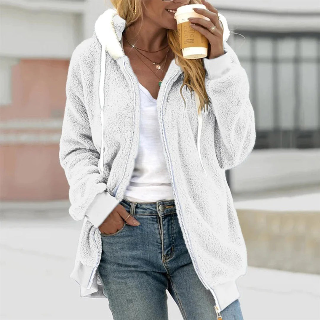 Hanorac lung din fleece pentru femei, cu fermoar și căptușeală contrastantă la glugă - strat de iarnă cu croială lejeră, șnururi și manșete striate, pentru ținute casual de zi cu zi