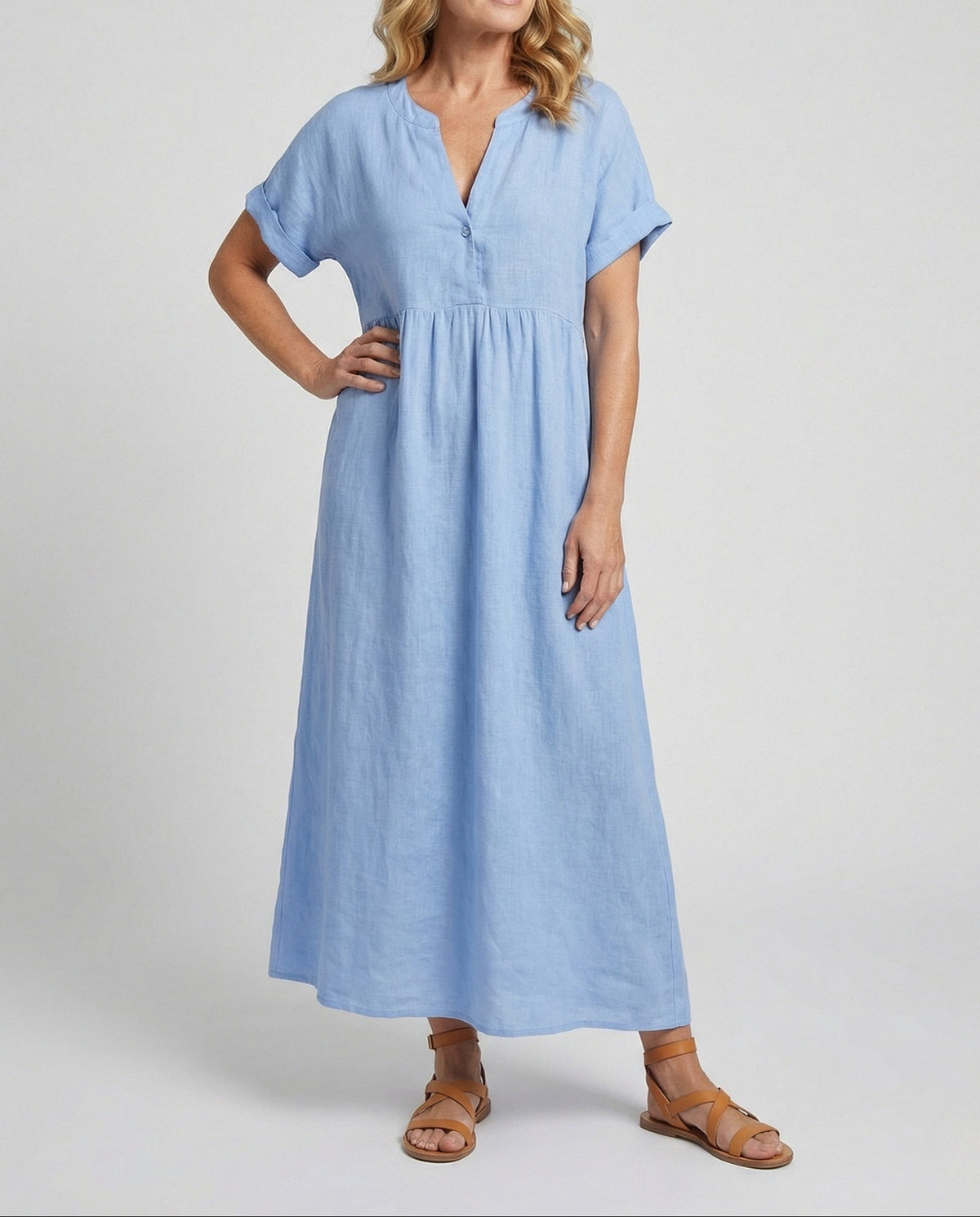 Women's Relaxed Empire Waist Maxi Dress – Notch Neck Short Sleeve Summer Dress with Flowing A-Line Skirt