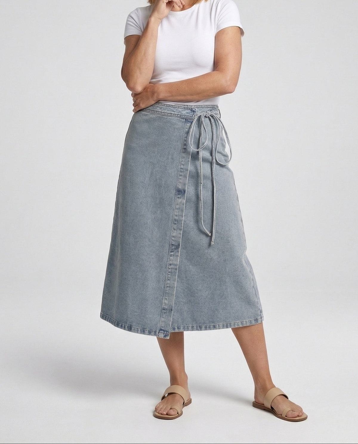 Women's High-Waisted Denim Wrap Midi Skirt – Casual A-Line Skirt with Side Tie Waist for Everyday Wear