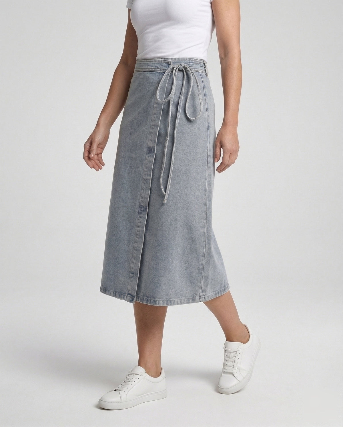 Women's High-Waisted Denim Wrap Midi Skirt – Casual A-Line Skirt with Side Tie Waist for Everyday Wear