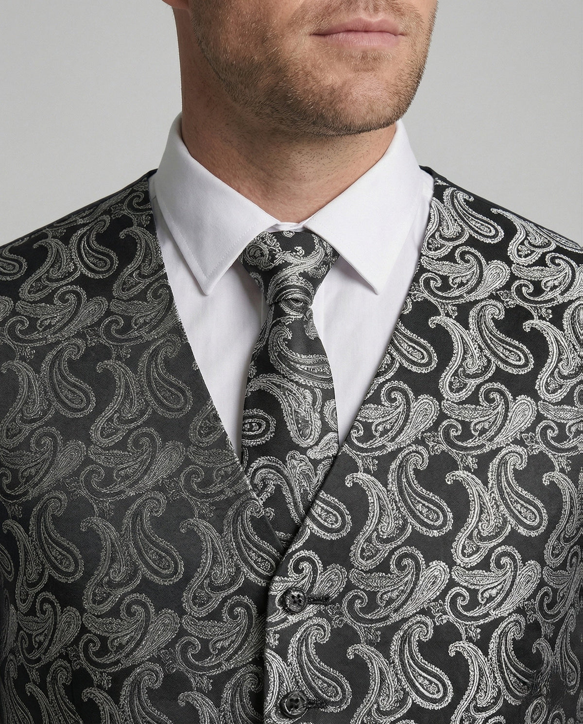Chaleco estampado con escote en V para hombre con corbata a juego – Conjunto formal de corte ajustado para bodas y eventos nocturnos
